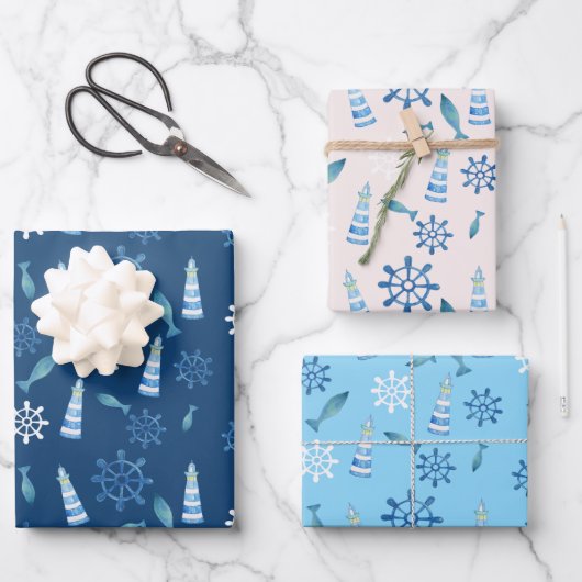 Lighthouse Beach Wasserfarbe Handgestrichen Außenb Geschenkpapier Set (Vorderseite)