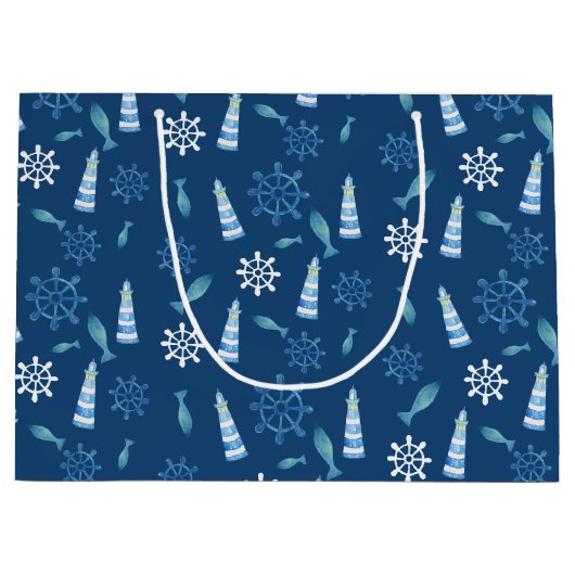 Lighthouse Beach Wasserfarbe Handgestrichen Außenb Große Geschenktüte (Vorderseite)