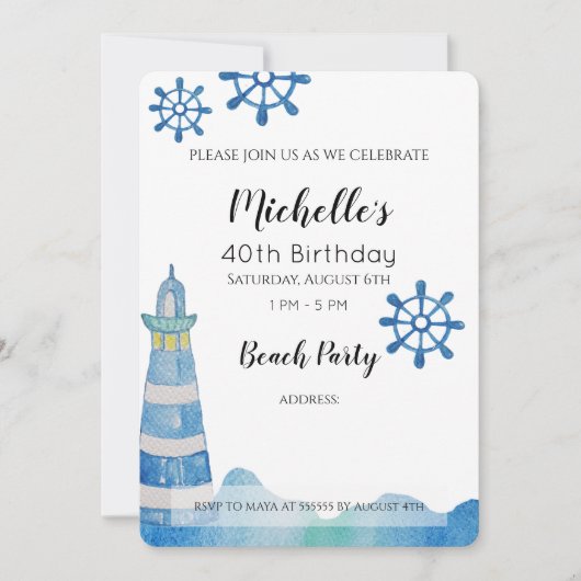 Lighthouse Beach Wasserfarbe Handgestrichen Einladung (Vorderseite)