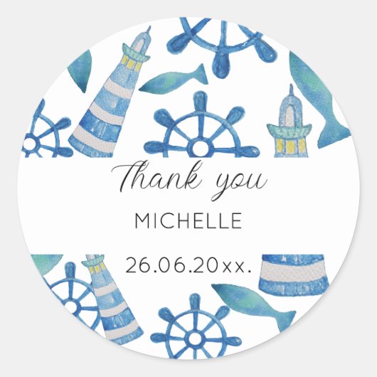 Lighthouse Beach Wasserfarbe Handgestrichen Runder Aufkleber (Vorderseite)