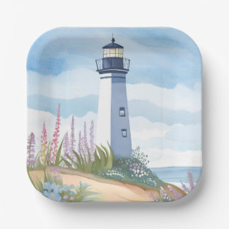 Lighthouse in Bloom | Coastal Watercolor Floral Pappteller