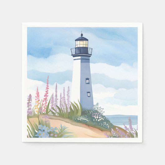 Lighthouse in Bloom | Coastal Watercolor Floral Serviette (Vorderseite)