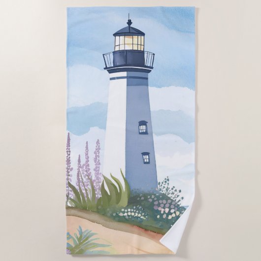 Lighthouse in Bloom | Coastal Watercolor Floral Strandtuch (Vorderseite)