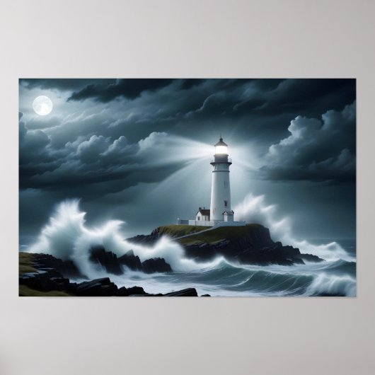 Lighthouse Landschaft Küste Ozean Waves Night Sea Poster (Vorne)