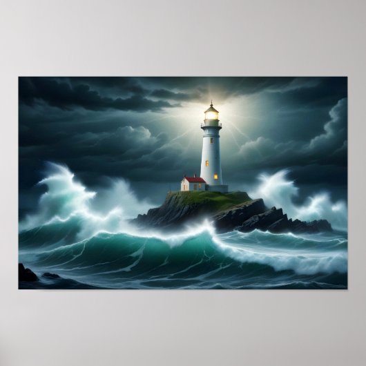 Lighthouse Landschaft Küste Ozean Waves Night Sea Poster (Vorne)