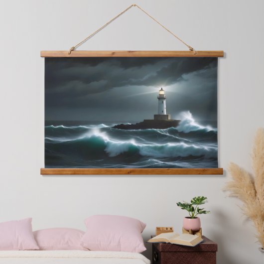 Lighthouse Landschaft Küste Ozean Waves Night Sea Wandteppich Mit Holzrahmen (Schlafzimmer)