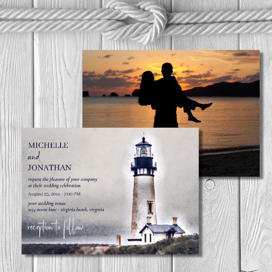 Lighthouse Nautical Beach Hochzeit Foto Einladung
