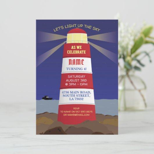 Lighthouse Nautical Birthday Party Ship Navy Einladung (Stehend Vorderseite)