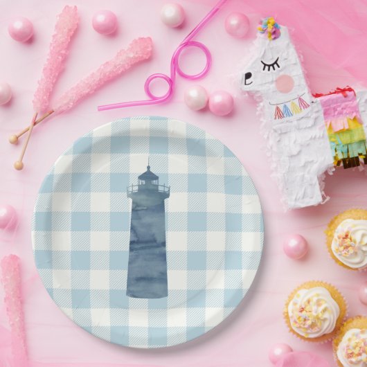 Lighthouse Nautical Blue Gingham Karo Pattern Pappteller (Party)
