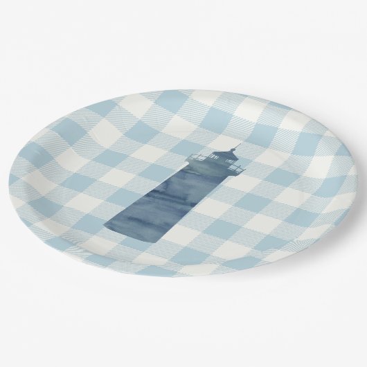 Lighthouse Nautical Blue Gingham Karo Pattern Pappteller (Schrägansicht)