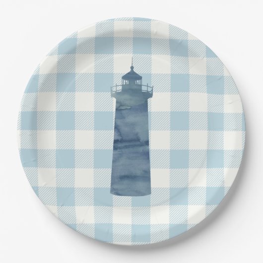 Lighthouse Nautical Blue Gingham Karo Pattern Pappteller (Vorderseite)