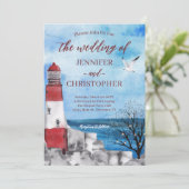 Lighthouse Nautical Wedding Einladung (Stehend Vorderseite)