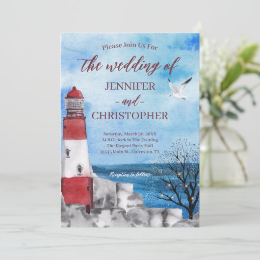 Lighthouse Nautical Wedding Einladung (Stehend Vorderseite)