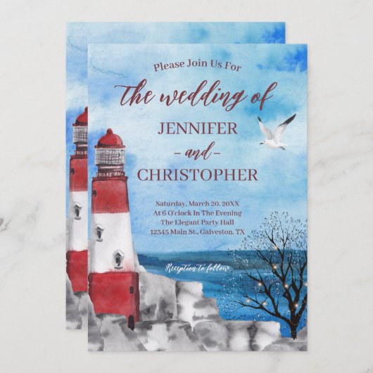 Lighthouse Nautical Wedding Einladung (Vorne/Hinten)