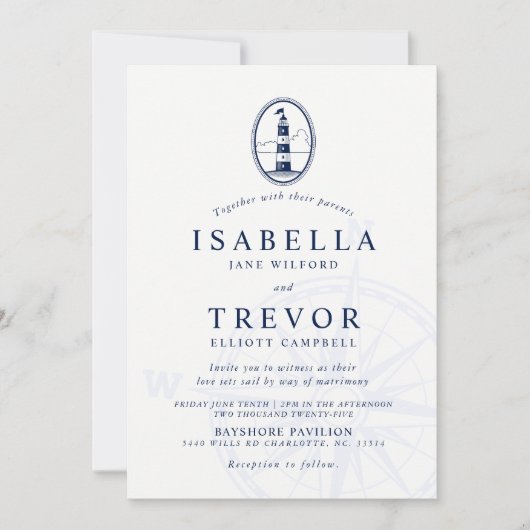 Lighthouse Nautical Wedding Einladung Solid Navy (Vorderseite)