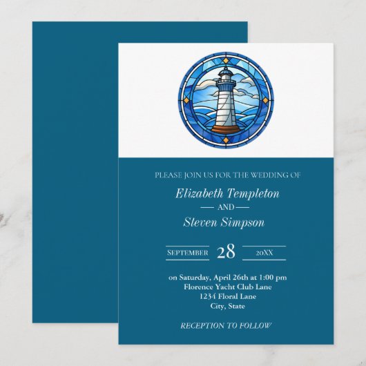 Lighthouse Nautical Wedding Maritime Moderne Einladung (Vorne/Hinten)