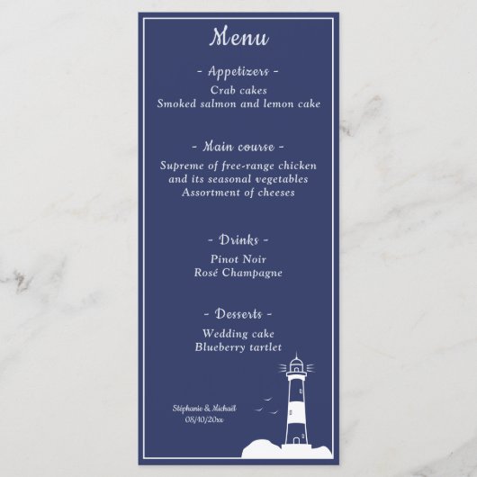Lighthouse Navy Blue Wedding Menu Menükarte (Vorderseite)