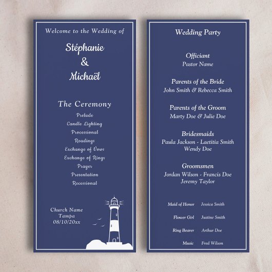 Lighthouse Navy Blue Wedding Program Menükarte