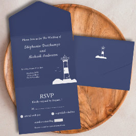Lighthouse Navy Blue Wedding RSVP All In One Einladung