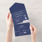 Lighthouse Navy Blue Wedding RSVP All In One Einladung (Abreißen)