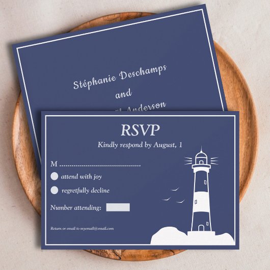 Lighthouse Navy Blue Wedding RSVP Card Karte