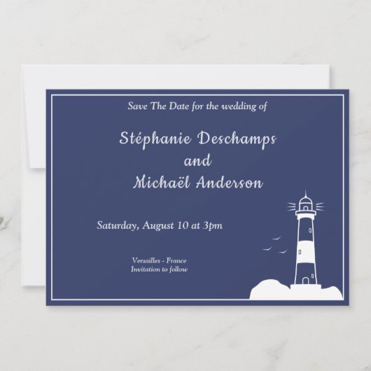 Lighthouse Navy Blue Wedding speichern das Datum Einladung (Vorderseite)