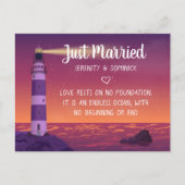 `Lighthouse Ocean Nautical Just Married Wedding Ankündigungspostkarte (Vorderseite)