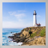 Lighthouse on hill blue sky white house ocean poster (Vorne)