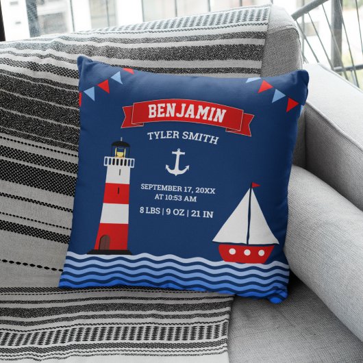 Lighthouse Sailboat Nautical Baby Boy Birth Stats Kissen