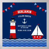 Lighthouse Sailboat Nautical Baby Boy Birth Stats Poster (Vorne)