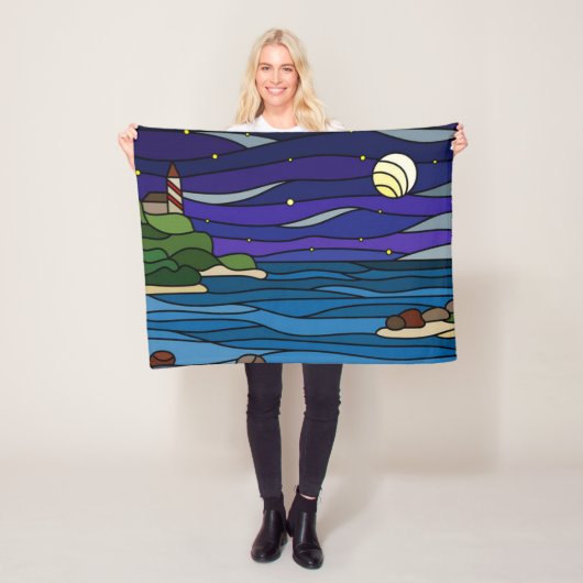 Lighthouse Seashore Under Night Sky Moon Stars Fleecedecke (Beispiel)