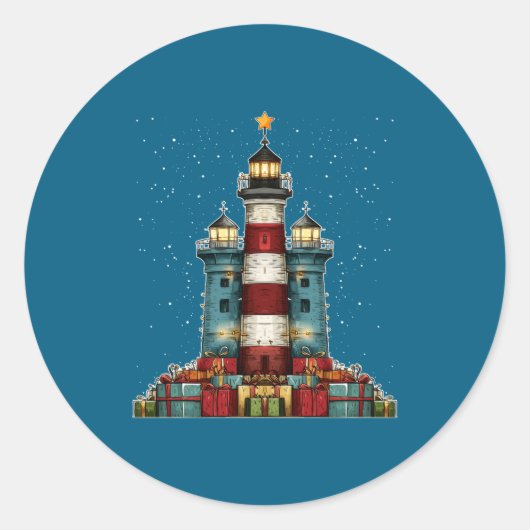 Lighthouse Seaside Christmas Tree Xmas Long Sleeve Runder Aufkleber (Vorderseite)
