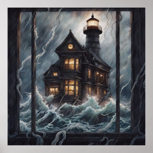 Lighthouse Stormy Night Poster (Vorne)