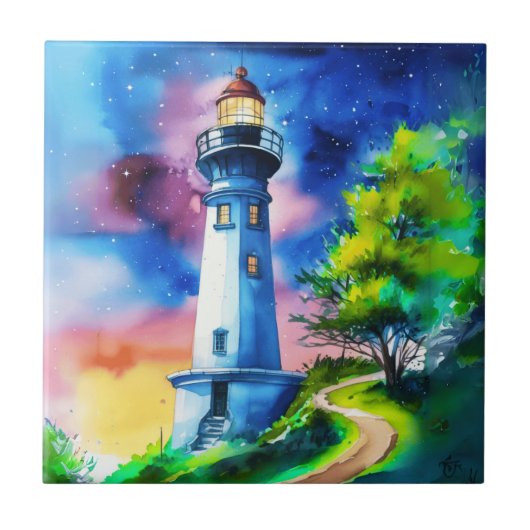 Lighthouse Under a Starry Sky Fliese (Vorderseite)