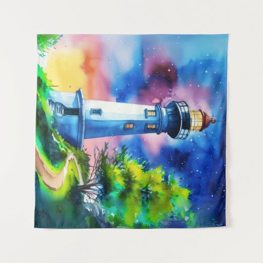 Lighthouse Under a Starry Sky Wandteppich (Vorderseite (Horizontal))