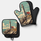 Lighthouse Vintage Poster Ofenhandschuh & Topflappen-Set (Vorderseite/Rückseite)