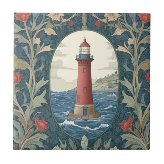 Lighthouse William Morris Stil Meer nautisch Fliese (Vorderseite)