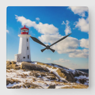 Lighthouse Winter In Peggy's Cove, Nova Scotia Quadratische Wanduhr
