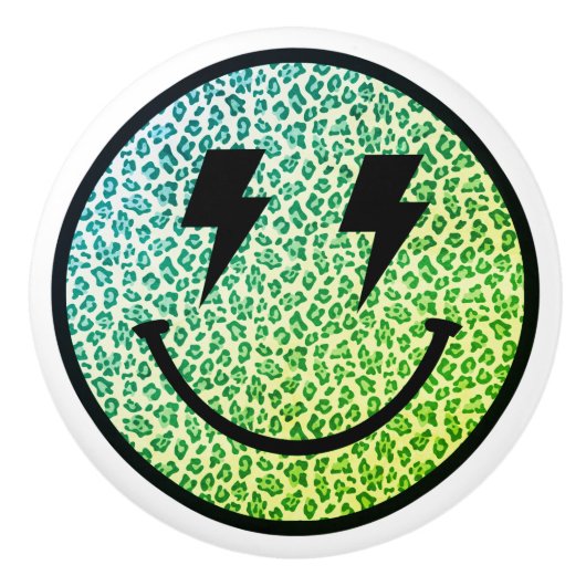 Lightning Bolt Eyes Green Leopard Lächeln Gesicht Keramikknauf (Vorderseite)