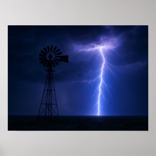 Lightning Strike Windmill Poster - Dramatic Texas  (Vorne)