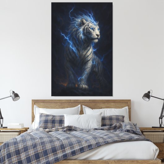 Lightning White Tiger – Electric Storm Fantasy Art Leinwanddruck (Insitu (Schlafzimmer))