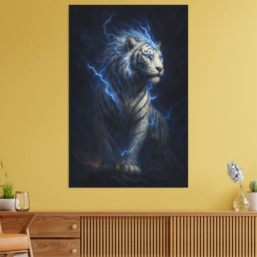 Lightning White Tiger – Electric Storm Fantasy Art Leinwanddruck (Insitu (Wohnzimmer))