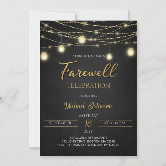 Lights and Gold Elegante Script Farewell Party Einladung (Vorderseite)