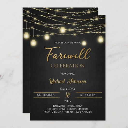 Lights and Gold Elegante Script Farewell Party Einladung (Vorne/Hinten)