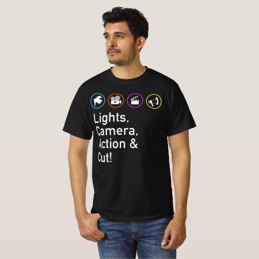 Lights Camera Action &amp; Cut Funny Film TV Crew T-Shirt (Vorne ganz)