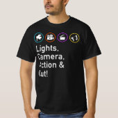Lights Camera Action &amp; Cut Funny Film TV Crew T-Shirt (Vorderseite)