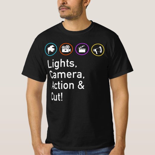 Lights Camera Action &amp; Cut Funny Film TV Crew T-Shirt (Vorderseite)