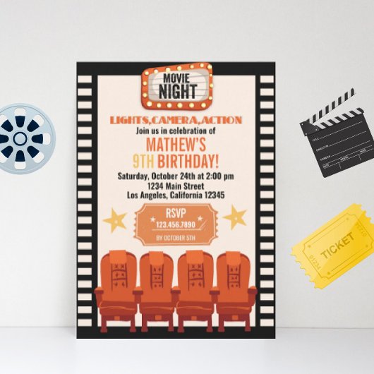 Lights Camera Action Movie Night Birthday Einladung