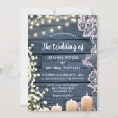 Lights Gipskraut & Lace Navy Blue Wood Wedding Einladung (Vorderseite)