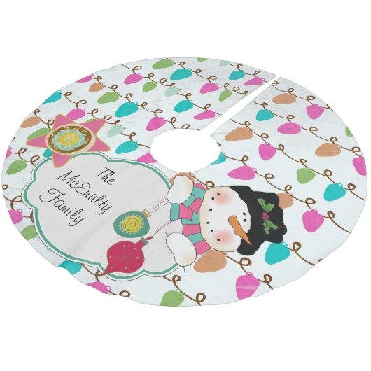 Lights Happy Snowman Custom Holiday Tree Skirt Polyester Weihnachtsbaumdecke (Schrägansicht)